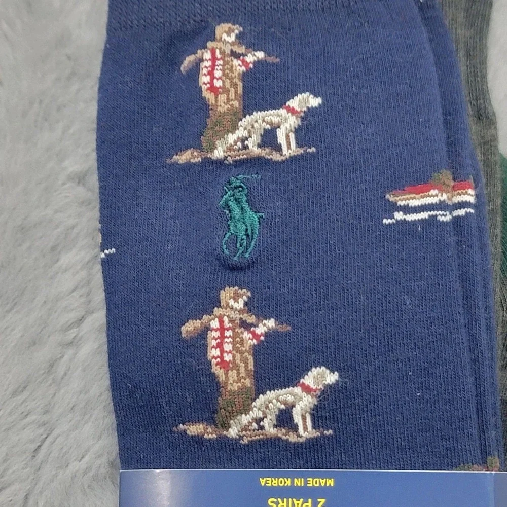 Polo Ralph Lauren Socks Mens 10-13 Navy Hunter Dog Crew 2 Pairs Mid Calf